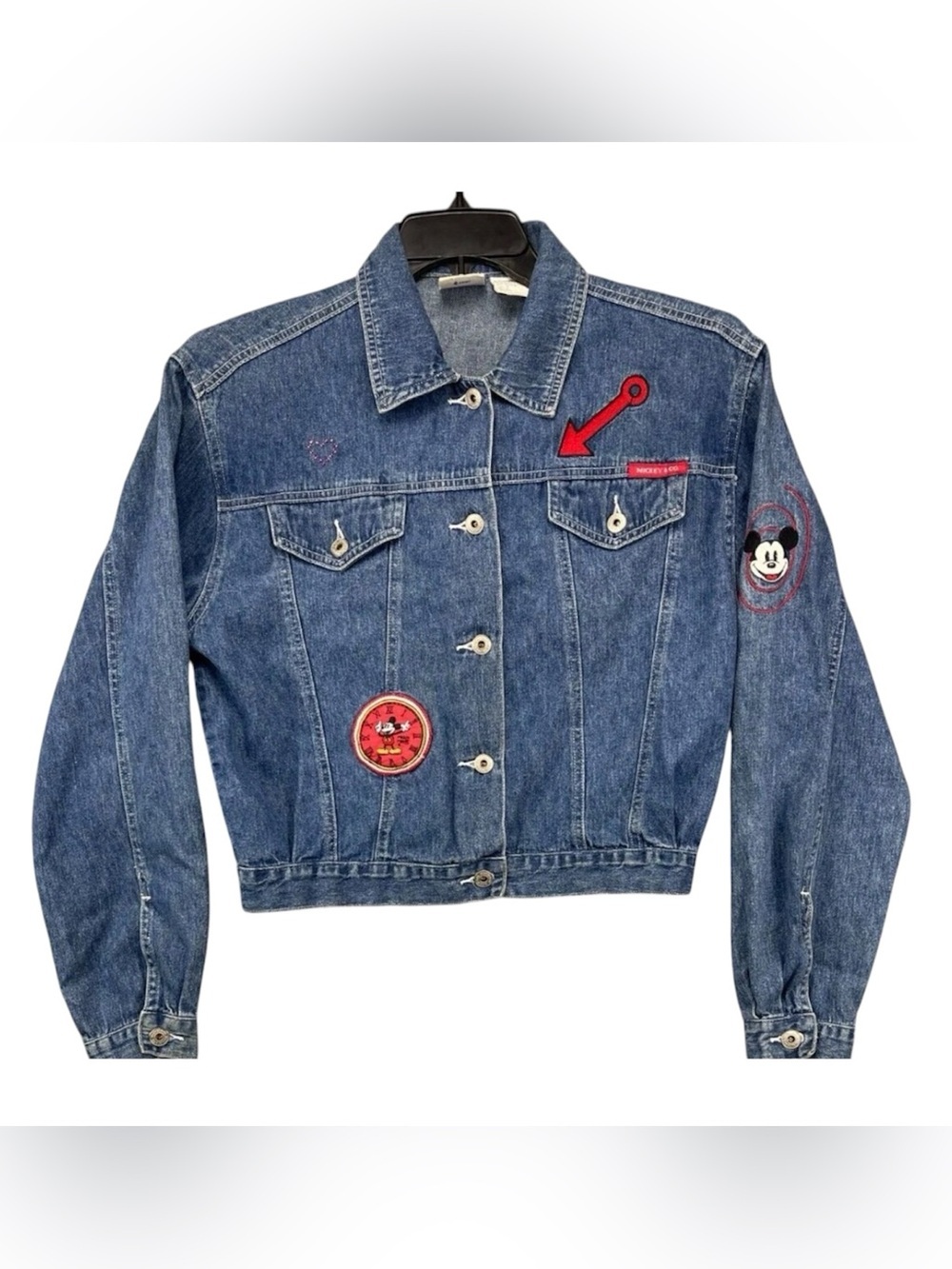 Vintage Mickey & Co Denim Jacket Disney Mickey Mouse Time Patch Retro 90s Sz Lg - Picture 2 of 8